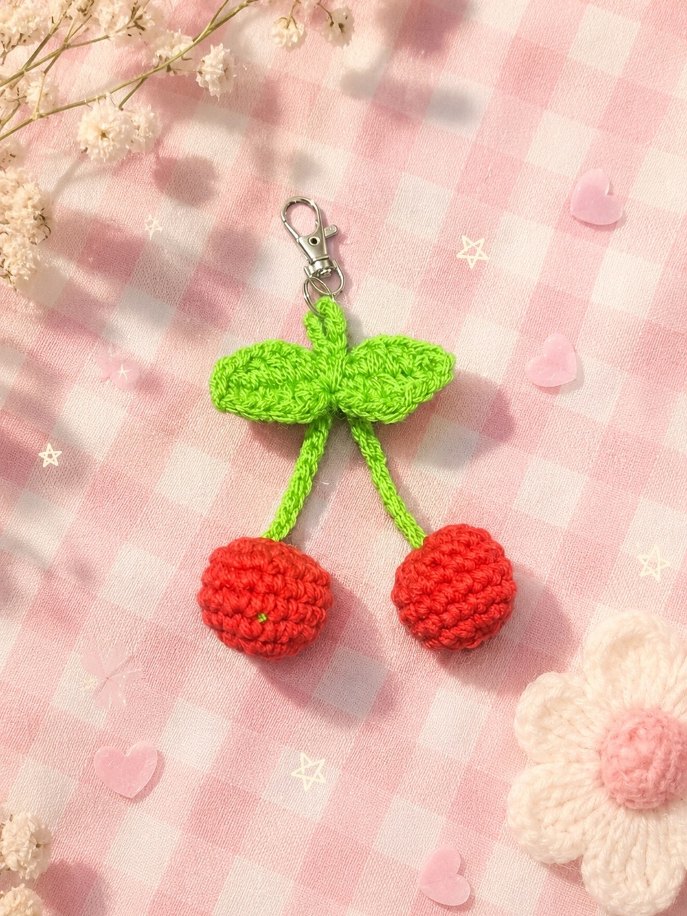 Handmade Crochet Cherry Keychain - Red & Green